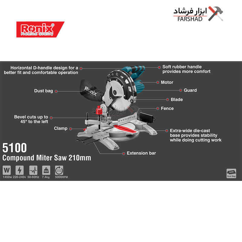 شرح جزئیات فارسی بر ثابت 210 میلی متری 1450 وات رونیکس